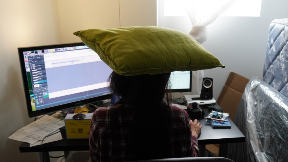 Cushion on head to absorb vertical sound waves as the mic is pointing up. Mattresses on right to deaden furnace.